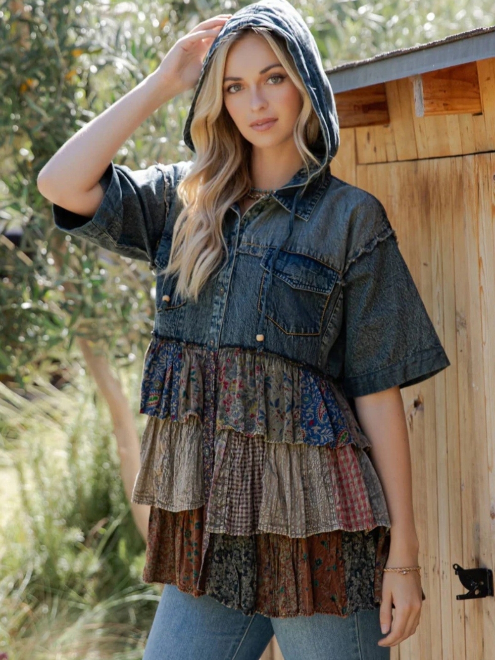 Young Threads Denim Hooded Patchwork Ruffle Tunic  Blue Sz L